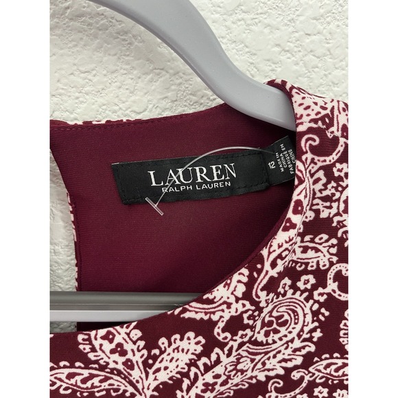 Lauren Ralph Lauren Paisley Belted Midi Dress 12 Maroon Stretch 3/4 Sleeve - Picture 4 of 6